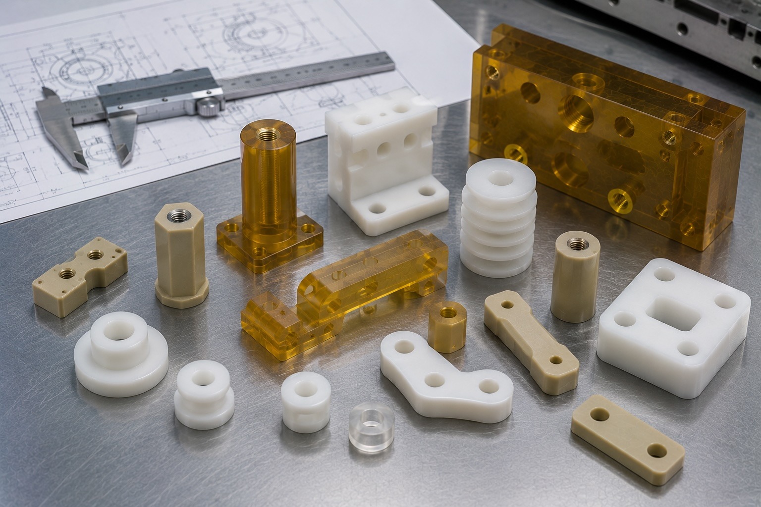 Custom machined plastic insulators and electrical components