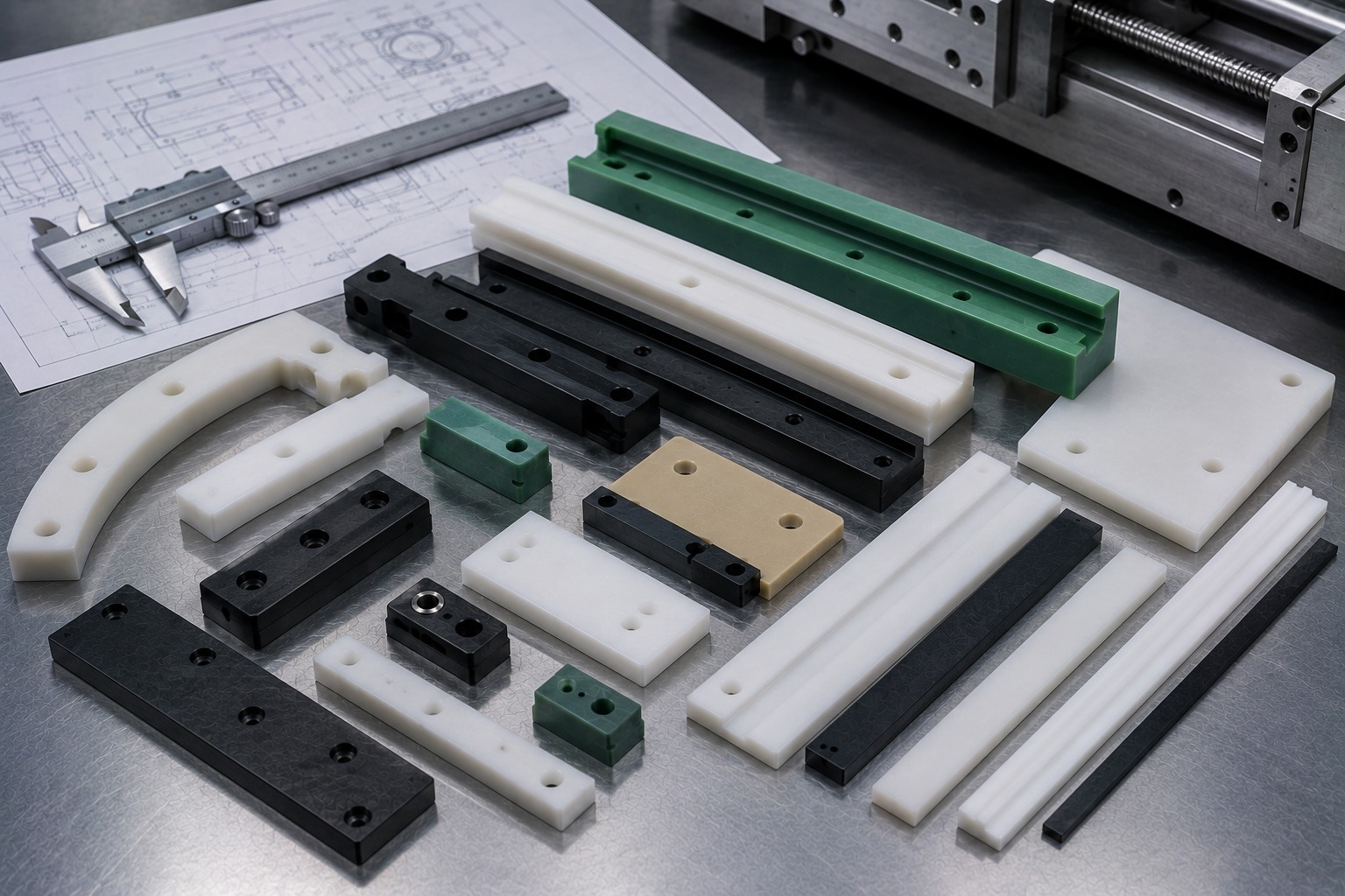Machined plastic wear pads and guide components for industrial equipment