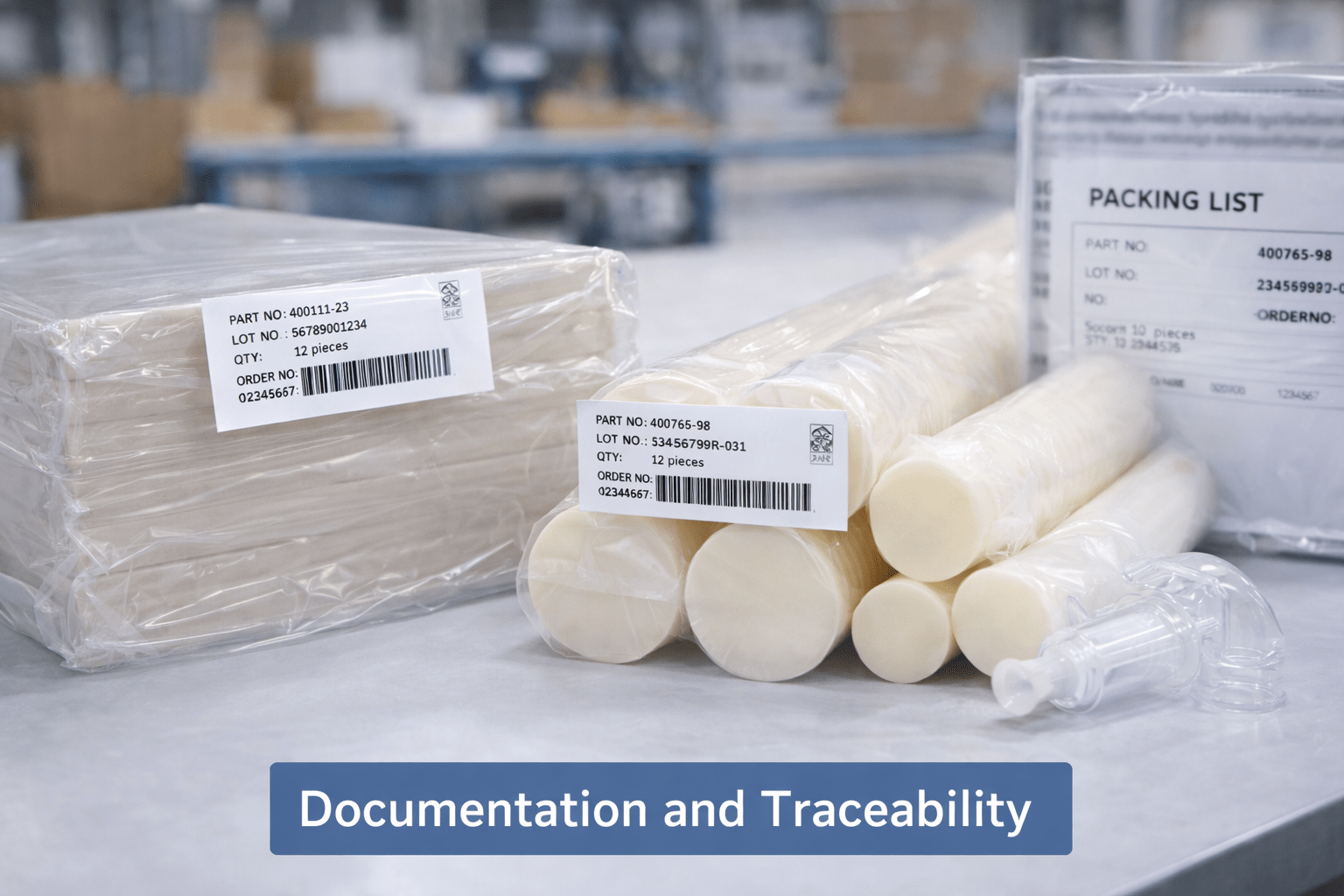 Labeled plastic sheet, rod, and tube packaged for documentation and traceability