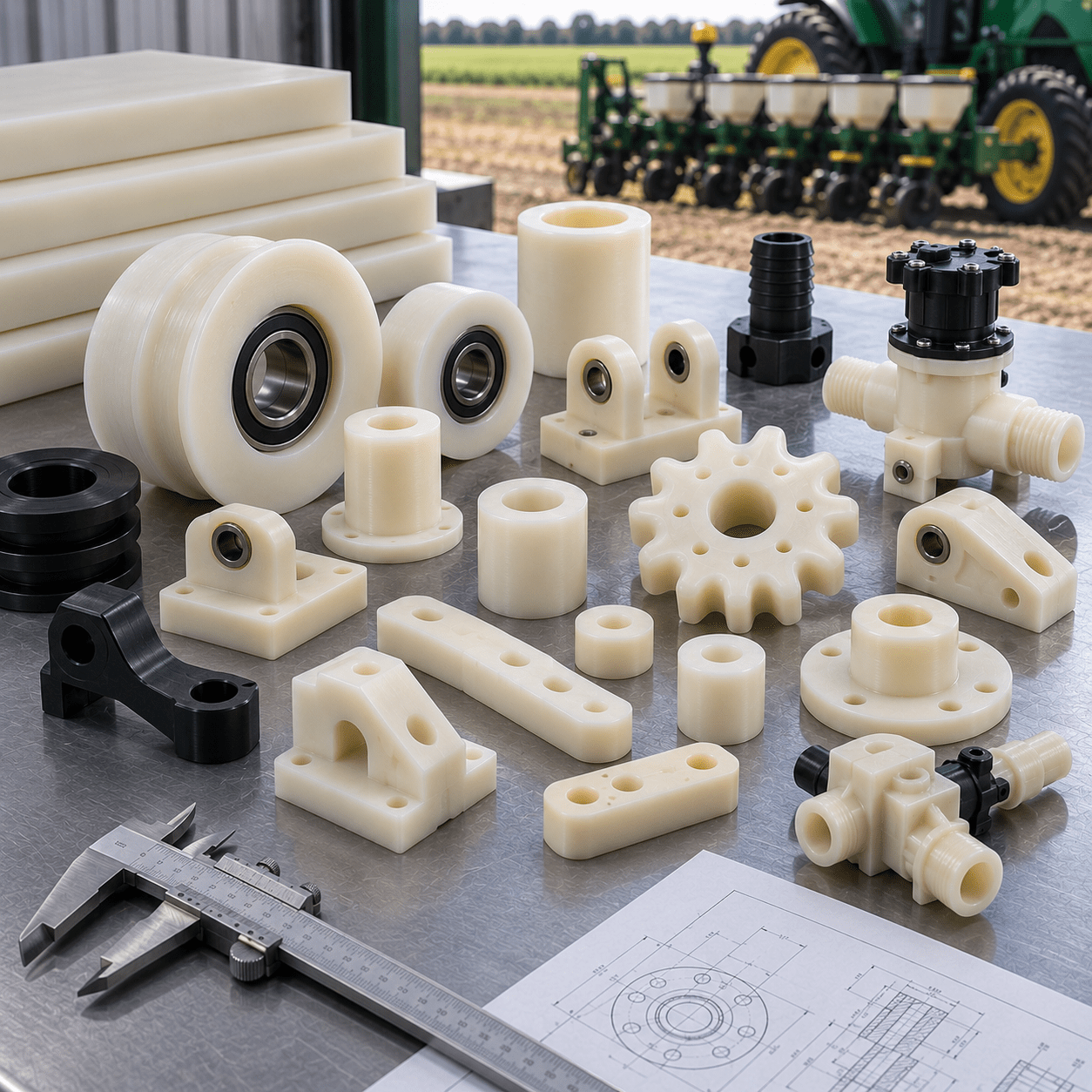 nylon-agriculture-equipment-components Nylon agriculture equipment components including bushings rollers irrigation supports and sprayer parts