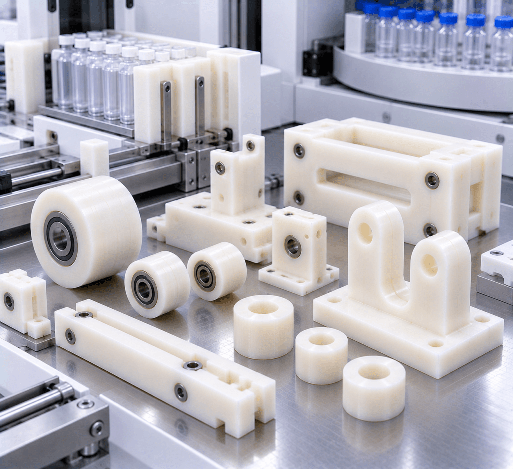 Nylon diagnostic equipment parts including rollers guides and cartridge supports