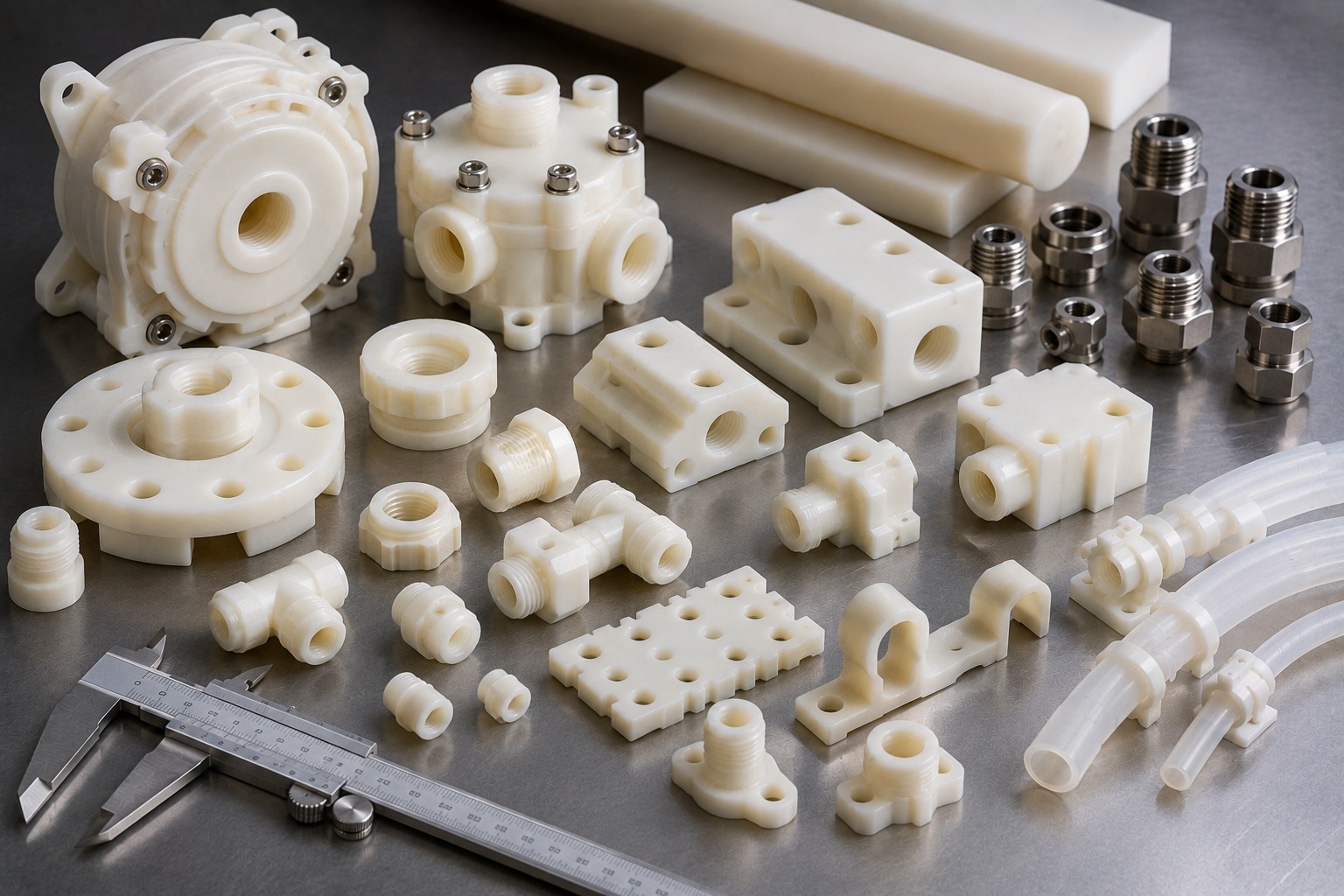Nylon fluidics components including manifolds pump housings and tubing supports