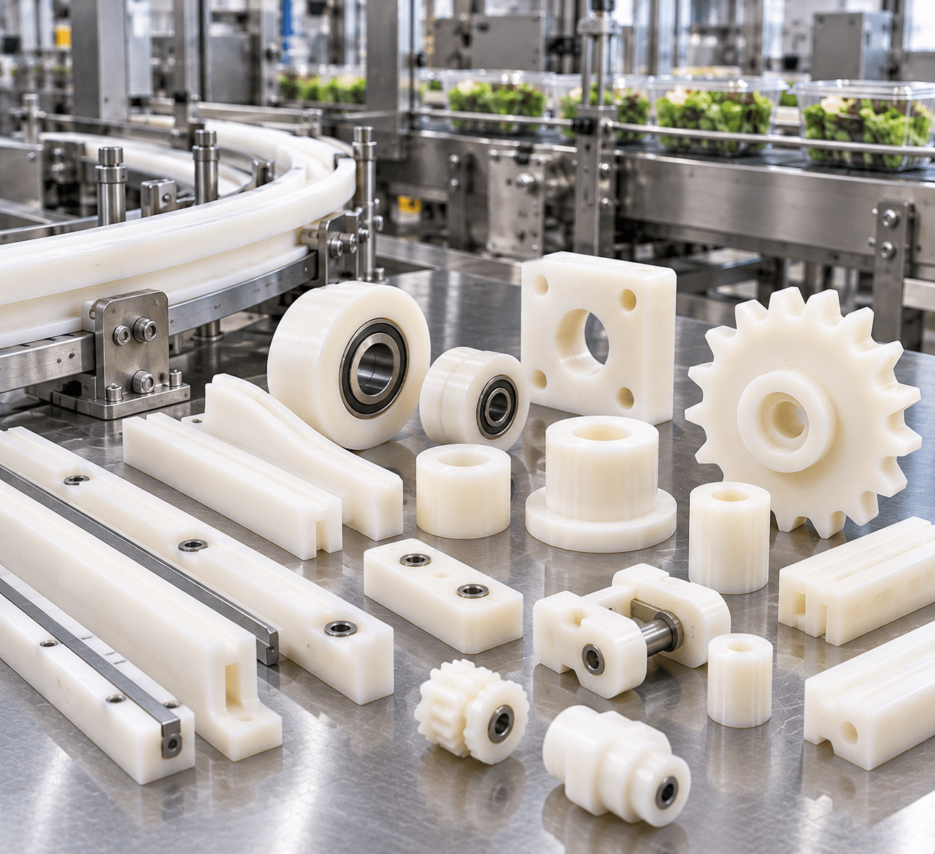 Nylon food and beverage components including guide rails rollers bushings and packaging parts