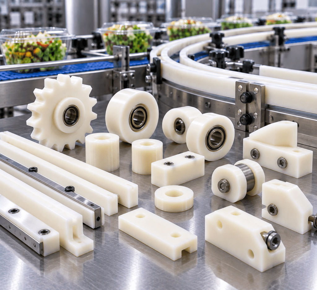 Nylon food conveyor and packaging parts including rollers guide rails and pusher blocks