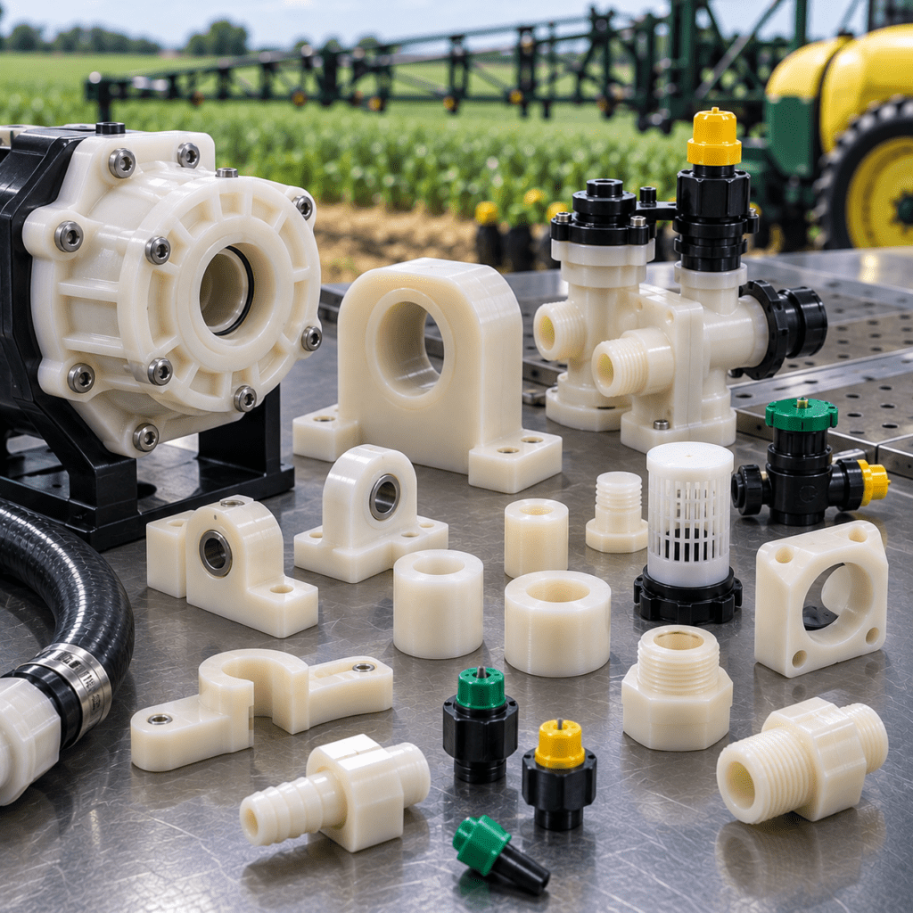 Nylon irrigation and sprayer components including nozzle holders and valve supports