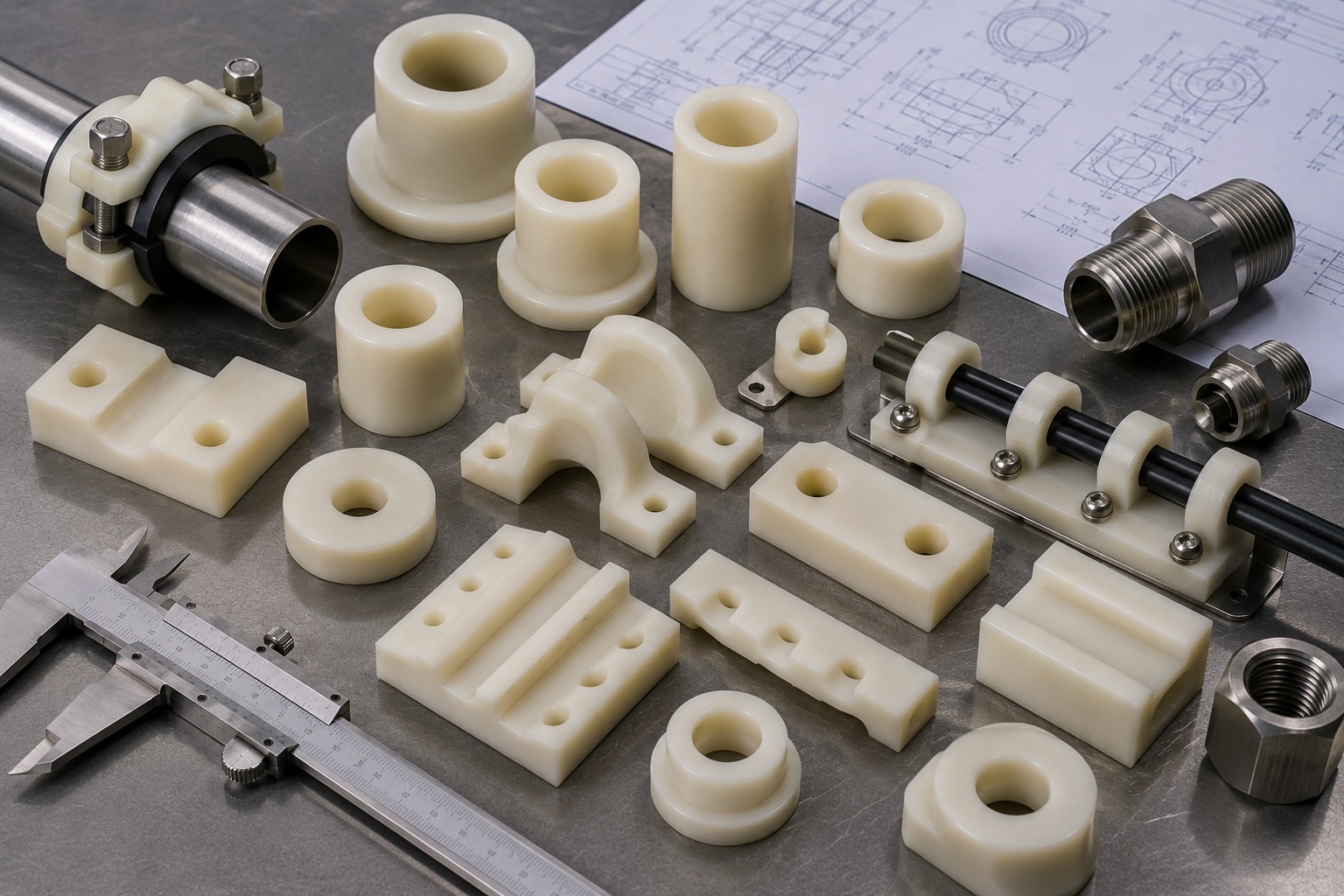 Nylon oil and gas applications including bushings wear pads pipe supports and cable guides