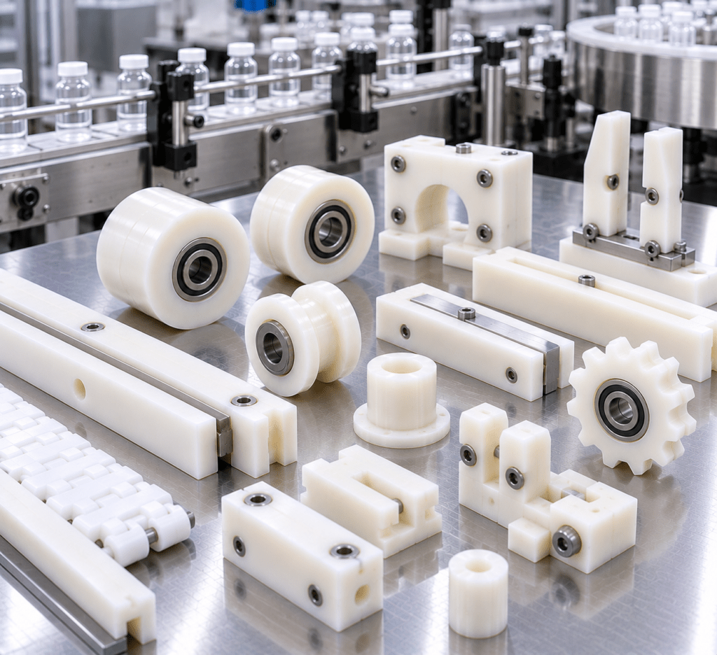 Nylon pharma packaging machine parts including rollers guide rails and change parts