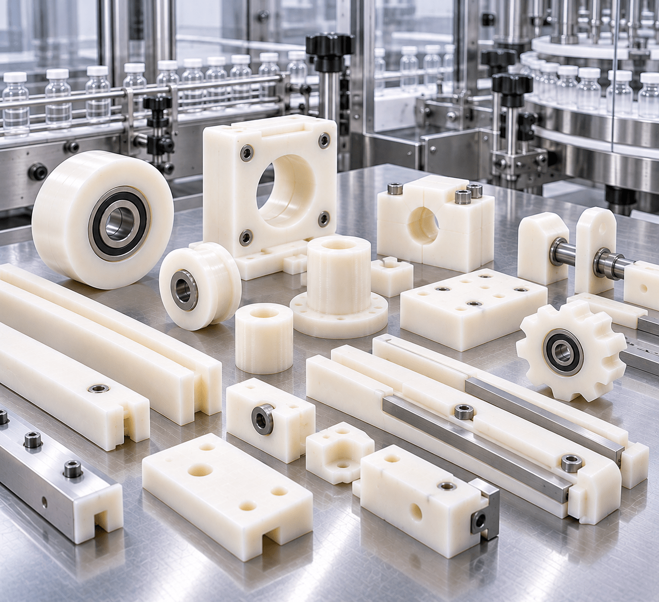 Nylon pharmaceutical equipment components including guide rails rollers fixtures and housings