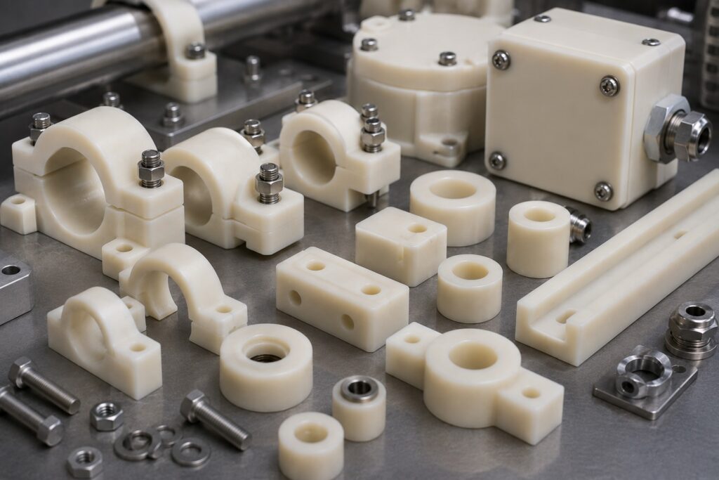 Nylon pipe support saddles insulating spacers and expansion guide components