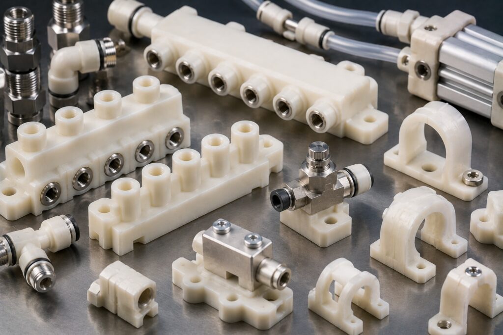 Nylon pneumatic fluid handling components including air manifolds and valve supports