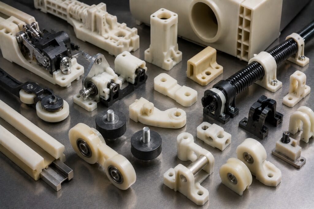 Nylon rail and commercial vehicle parts including door mechanisms and HVAC supports