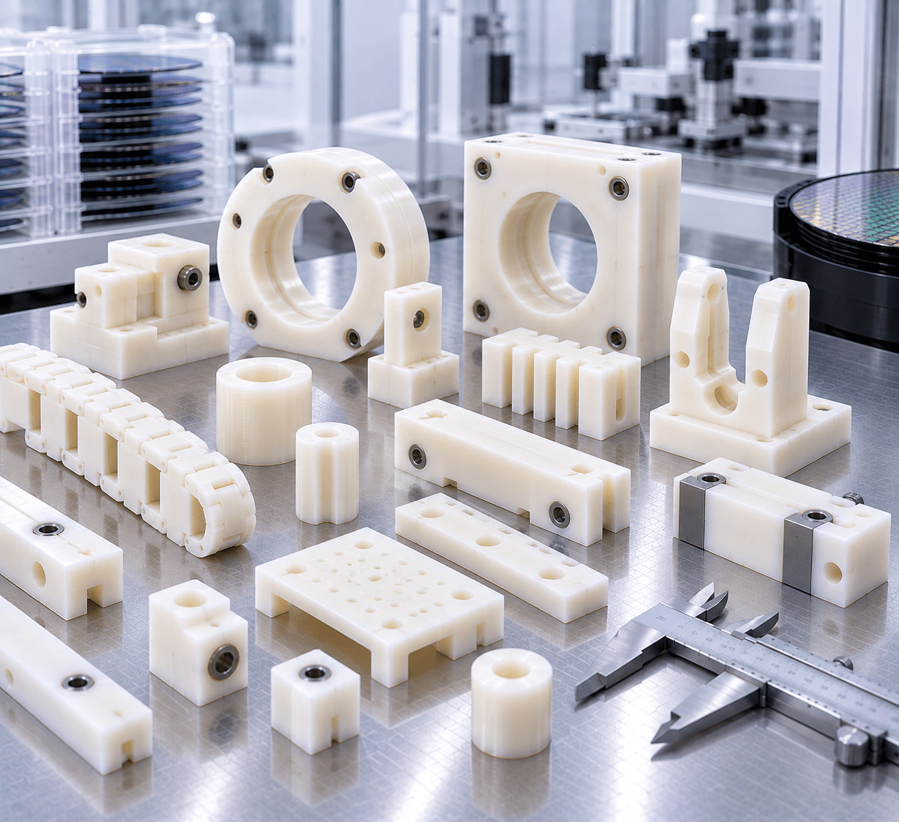 Nylon semiconductor components including automation fixtures cable guides and insulating spacers