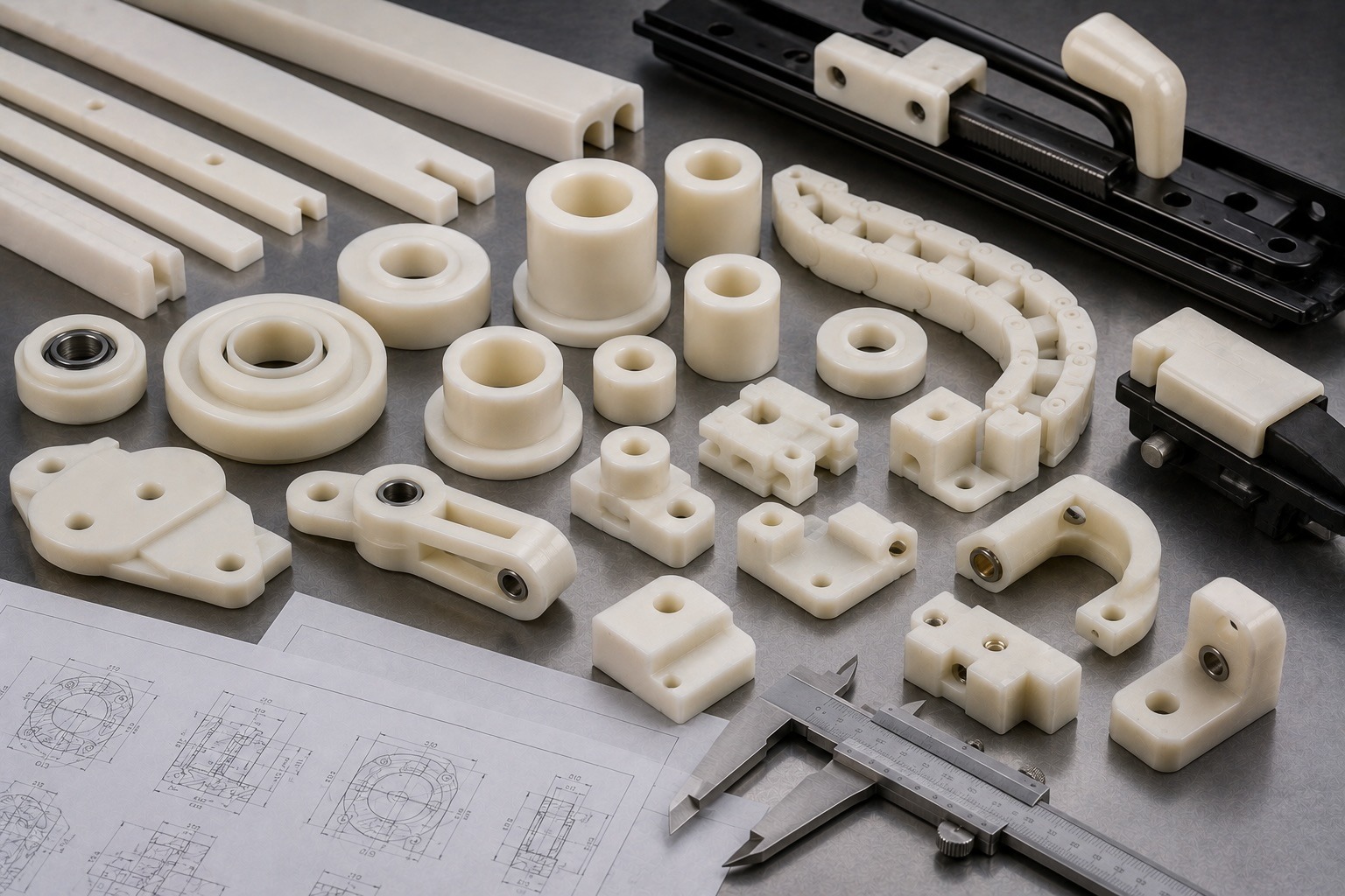 Nylon transportation components including bushings rollers cable guides and wear strips