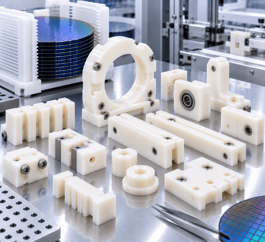 Nylon wafer handling support fixtures and automation guide components