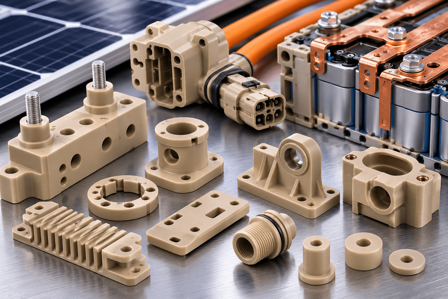 peek-alternative-energy-components PEEK alternative energy applications including battery supports, electrical insulators, and high-voltage connectors