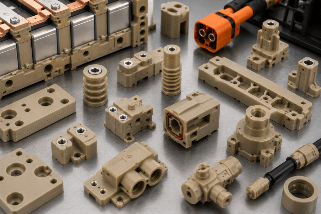 PEEK battery spacers, busbar insulators, and EV high-voltage connector components