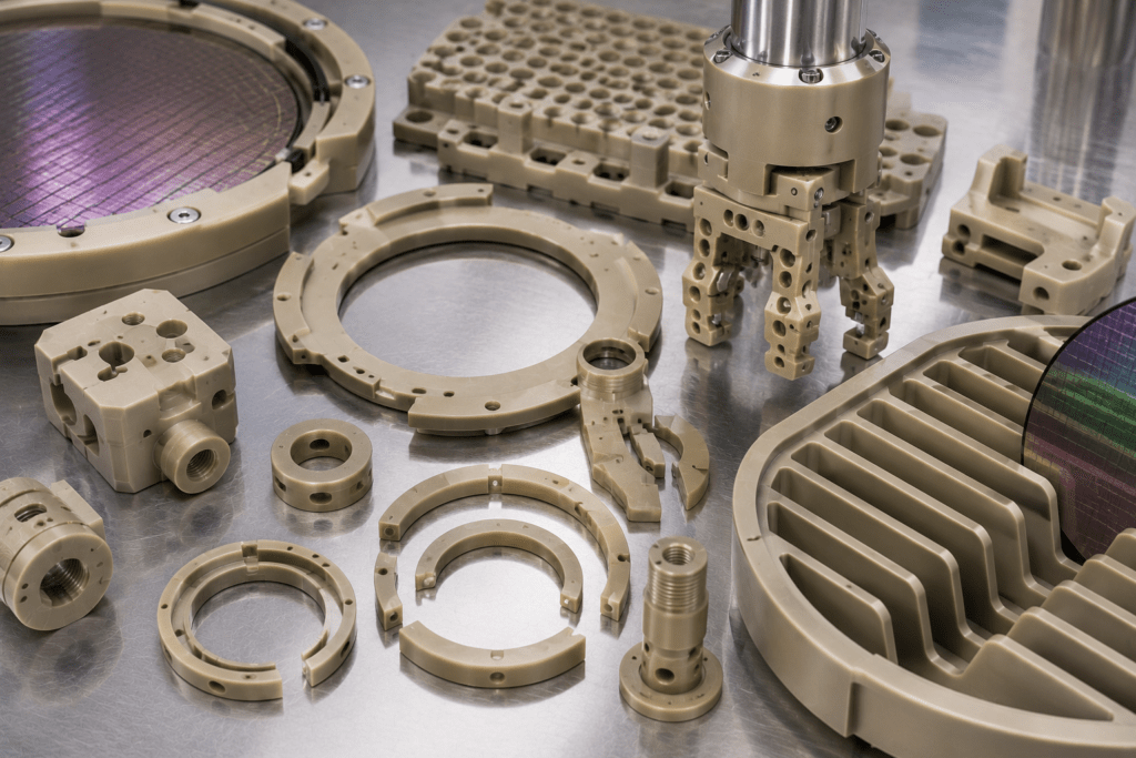 PEEK CMP retaining rings and wafer handling components for semiconductor process equipment
