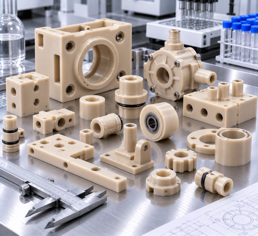 PEEK diagnostics and laboratory system parts including housings fixtures manifolds and connectors