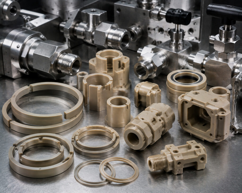 PEEK downhole seals, anti-extrusion rings, and valve components for oil and gas equipment
