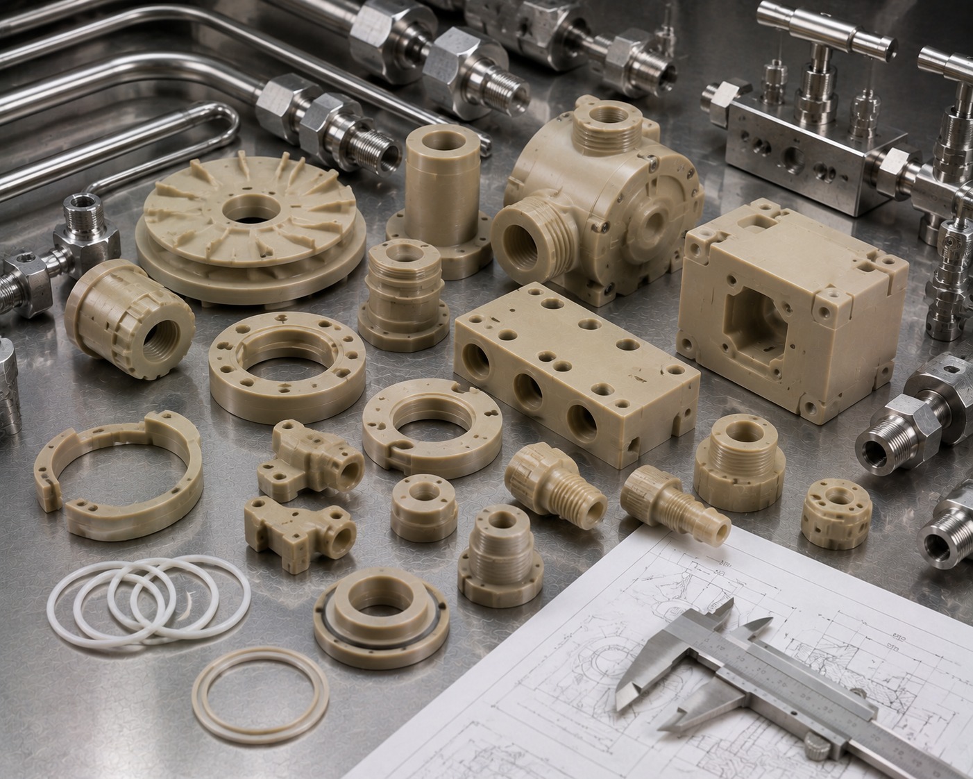 peek-fluid-handling-components PEEK fluid handling applications including pump parts, valves, manifolds, fittings, and seal supports