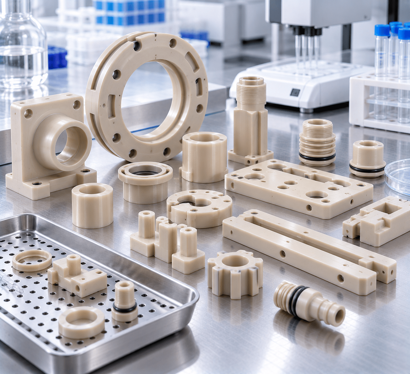 PEEK life sciences components including diagnostic parts lab fixtures and sterilization hardware