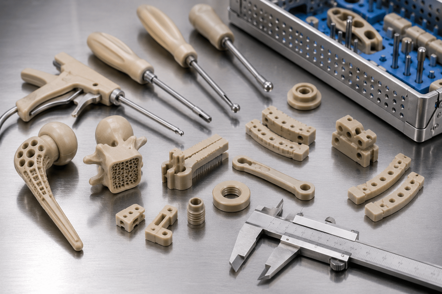 PEEK medical applications including implant components, surgical instrument parts, and sterilization hardware