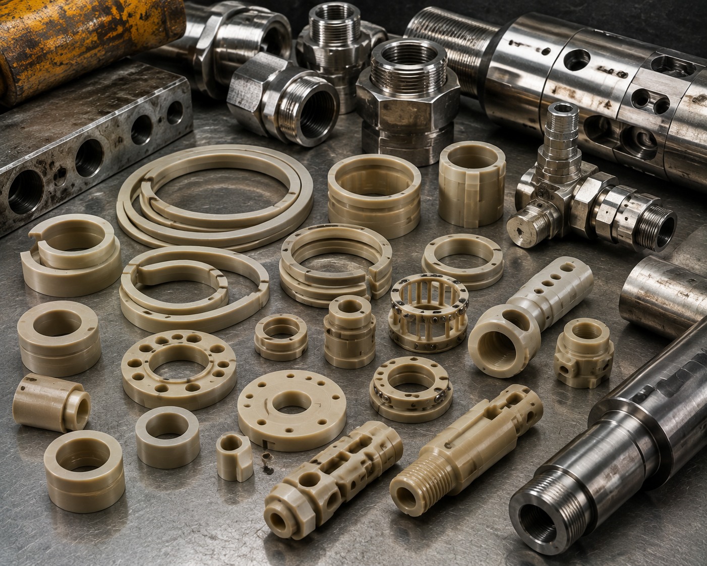 peek-oil-gas-components PEEK oil and gas applications including backup rings, valve seats, bearings, and downhole tool parts