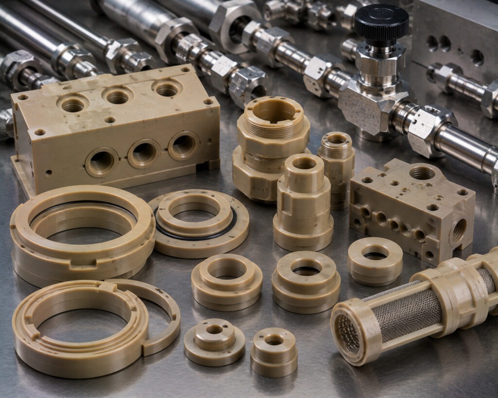 PEEK pump, valve, and manifold components for demanding fluid systems