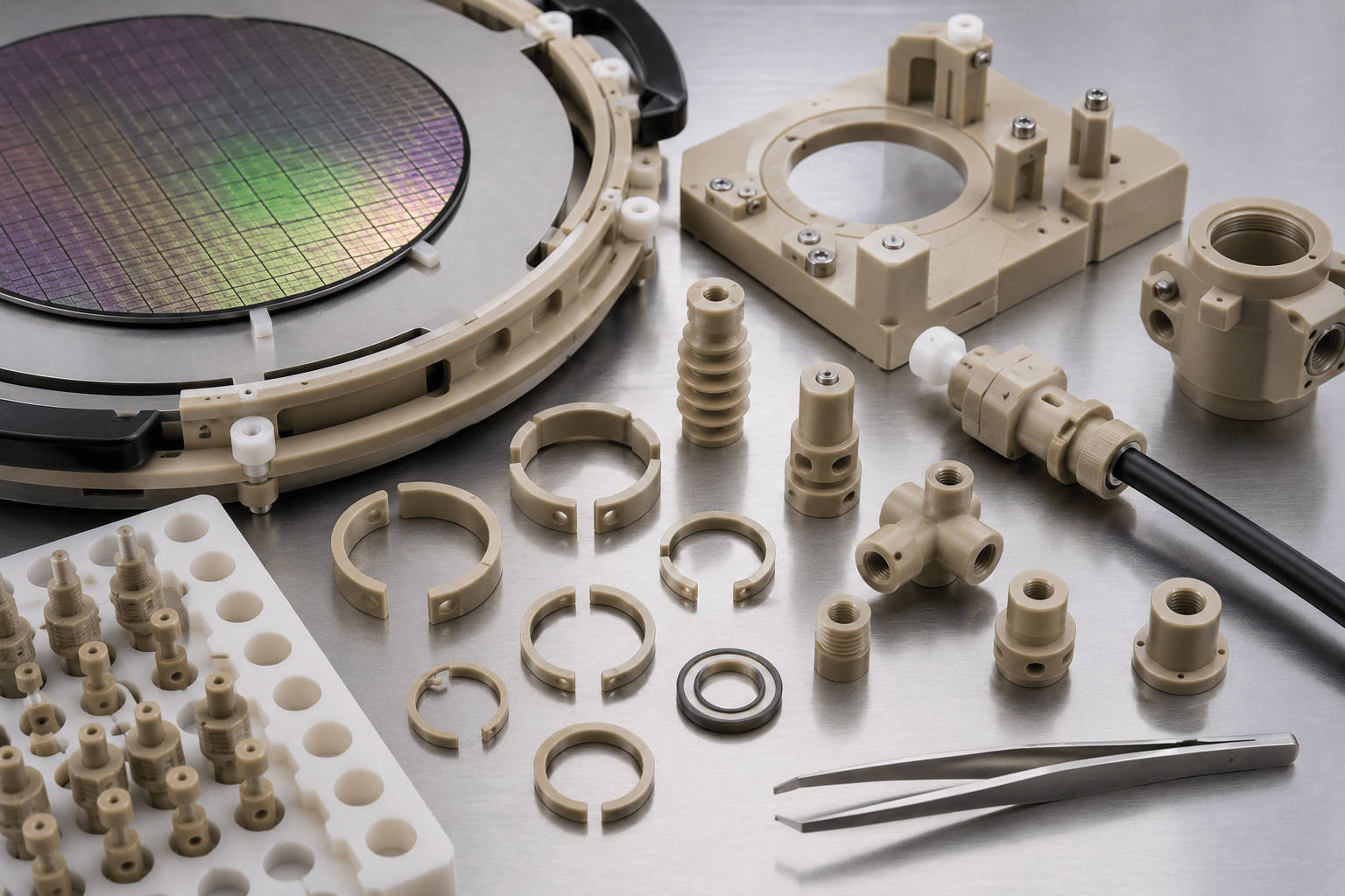 PEEK semiconductor applications including CMP rings, wafer handling parts, insulators, and fluid components