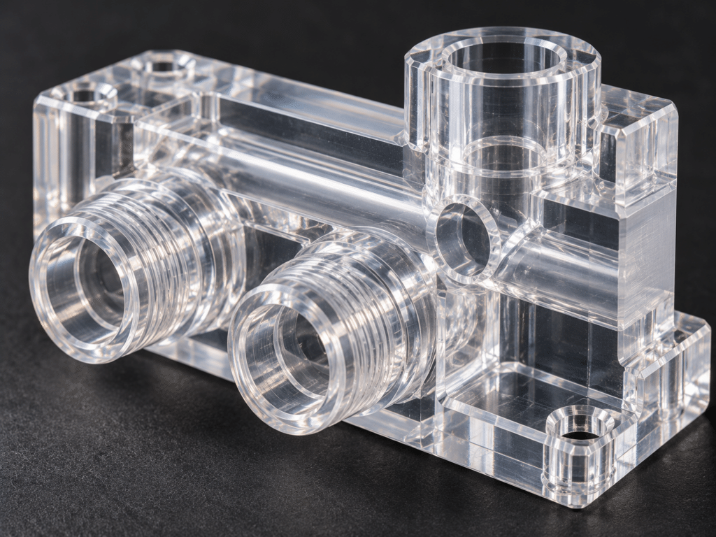Clear polycarbonate fluidics manifold with machined ports and internal channels