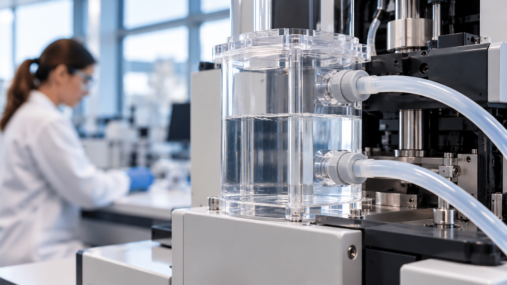 Clear polycarbonate reservoir with tubing connections in laboratory equipment