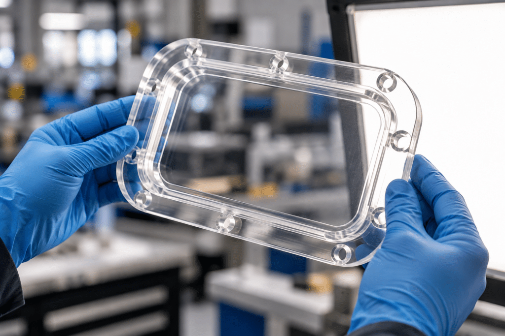 Gloved hands inspecting a polycarbonate viewing window with mounting holes