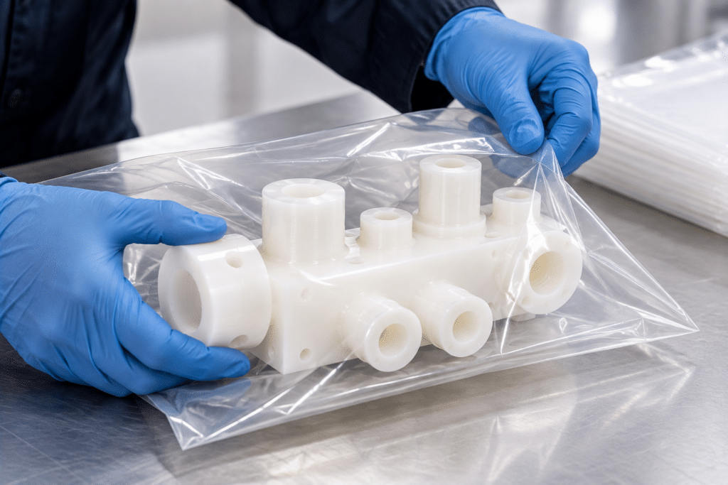 Gloved hands placing a white PVDF manifold into clean packaging