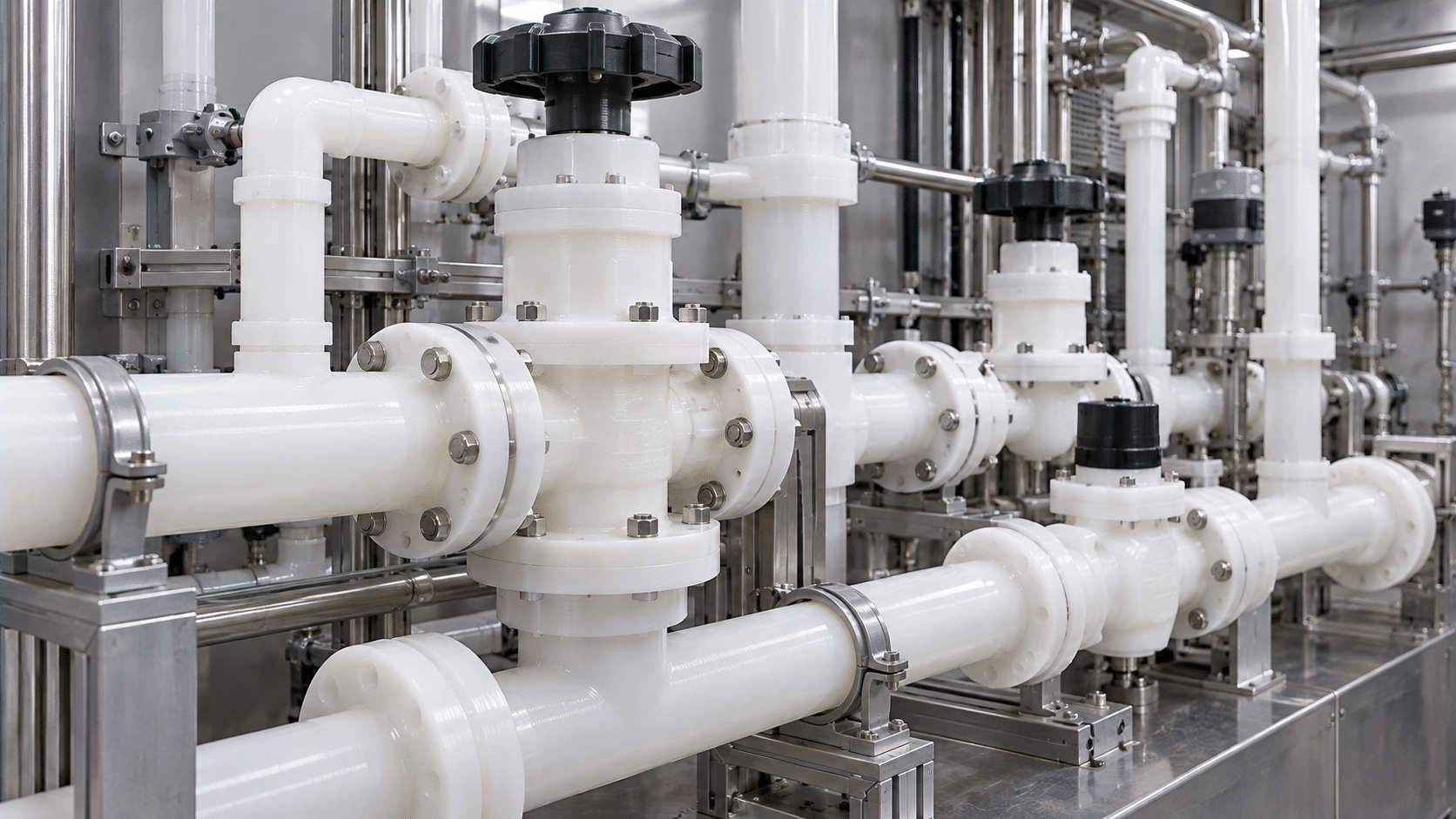 pvdf-fluidics-distribution-system PVDF for fluidics applications shown as opaque white distribution components