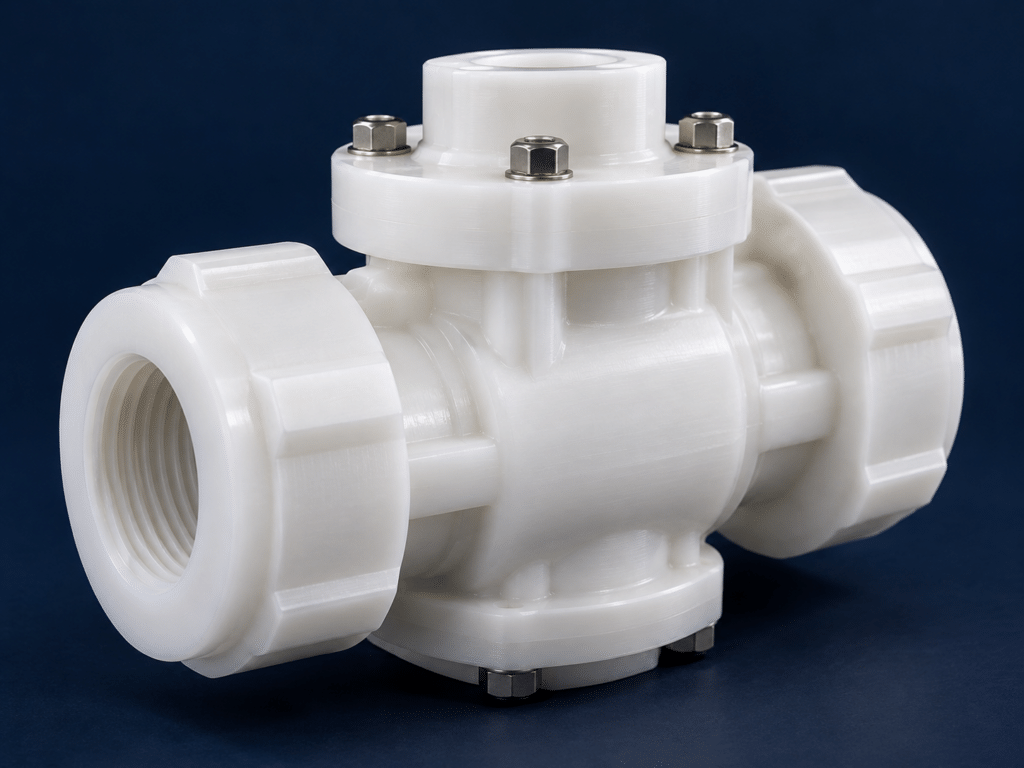 Single opaque white PVDF valve body with machined ports