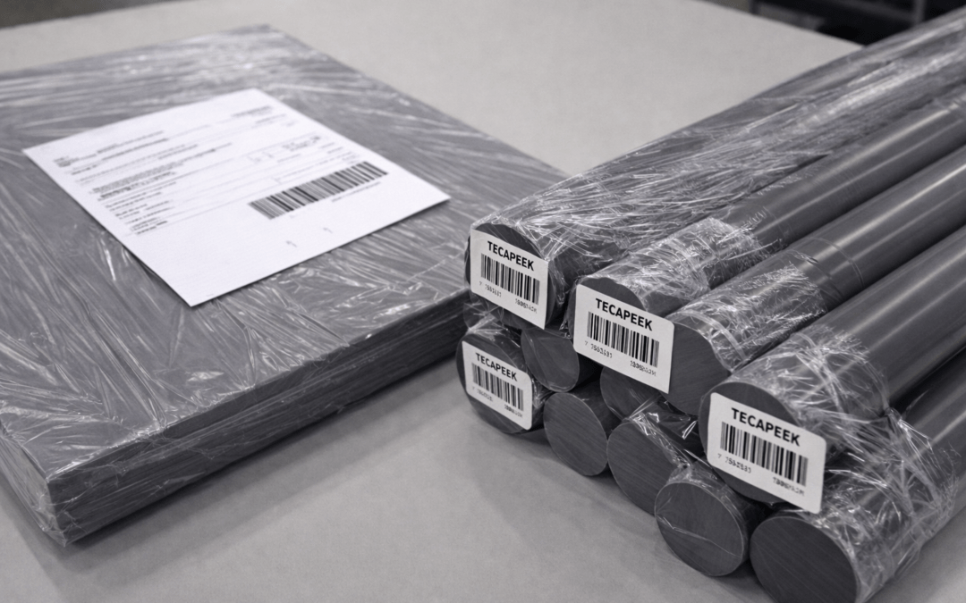 TECAPEEK sheet and rod formats packaged with documentation and traceability cues