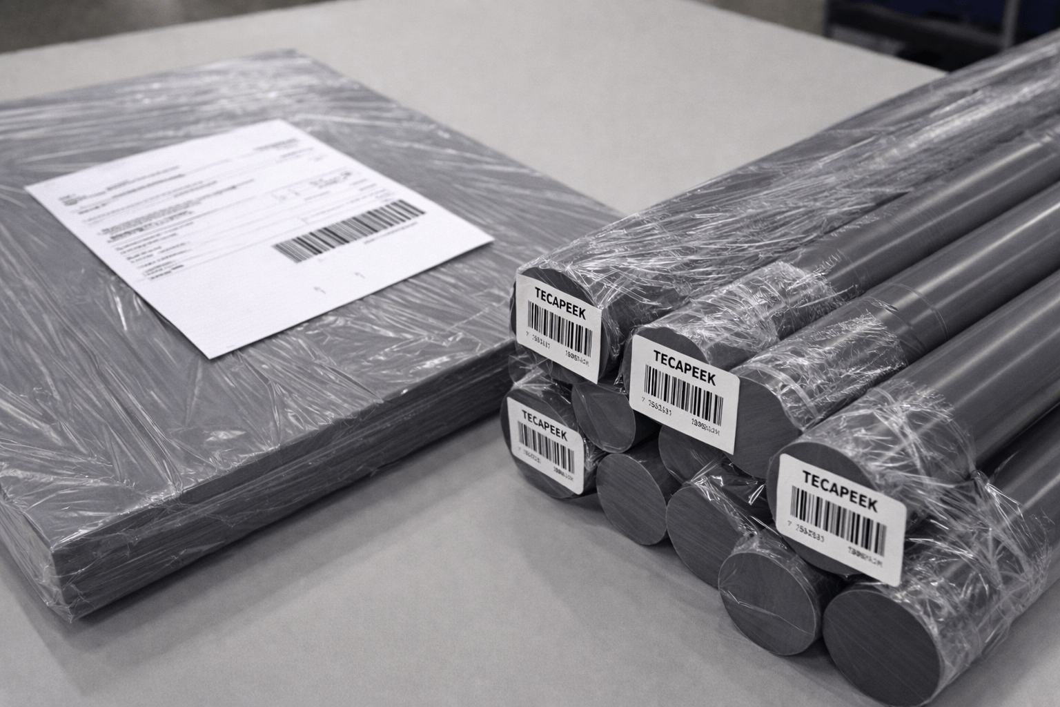 TECAPEEK sheet and rod formats packaged with documentation and traceability cues