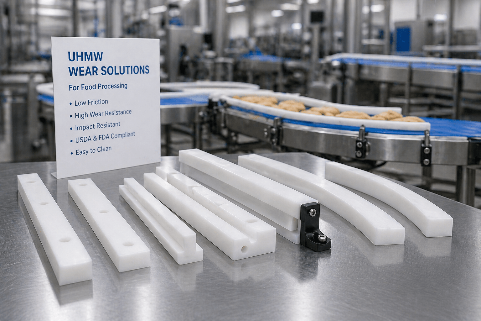 UHMW wear strips and guides for food processing equipment