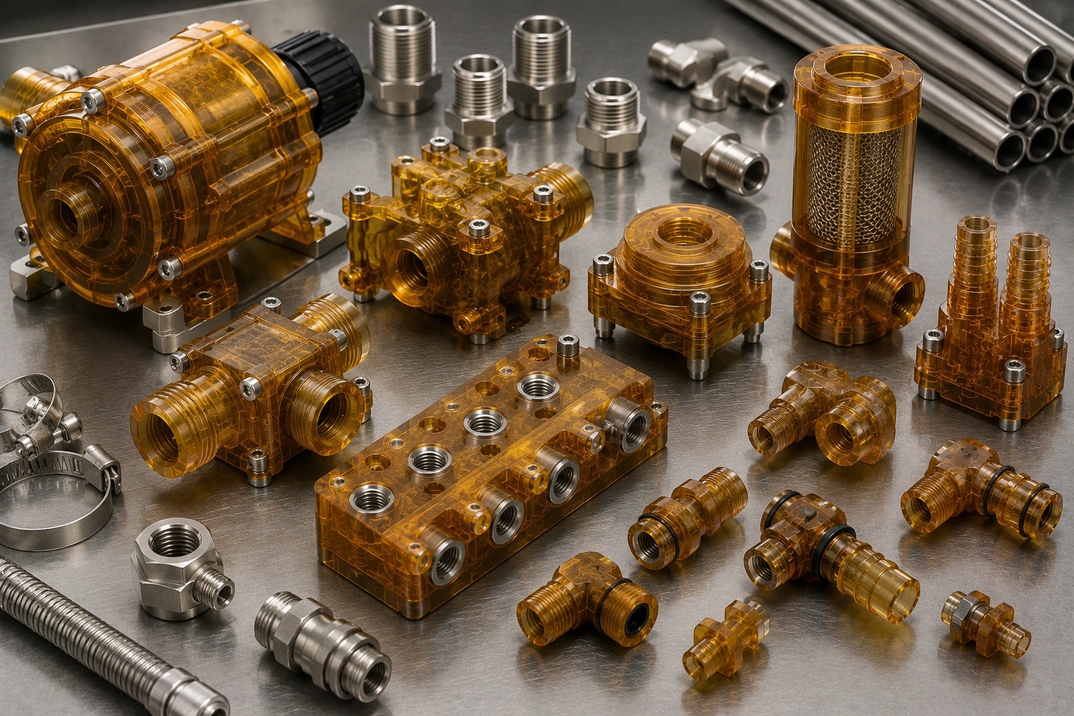 ULTEM fluidics components including pump housings valve bodies manifolds and connectors