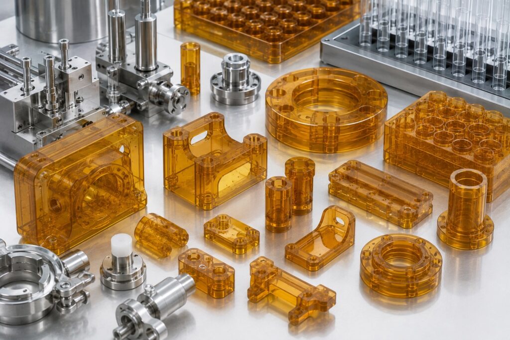 ULTEM lab automation and diagnostic equipment parts with precision machined features