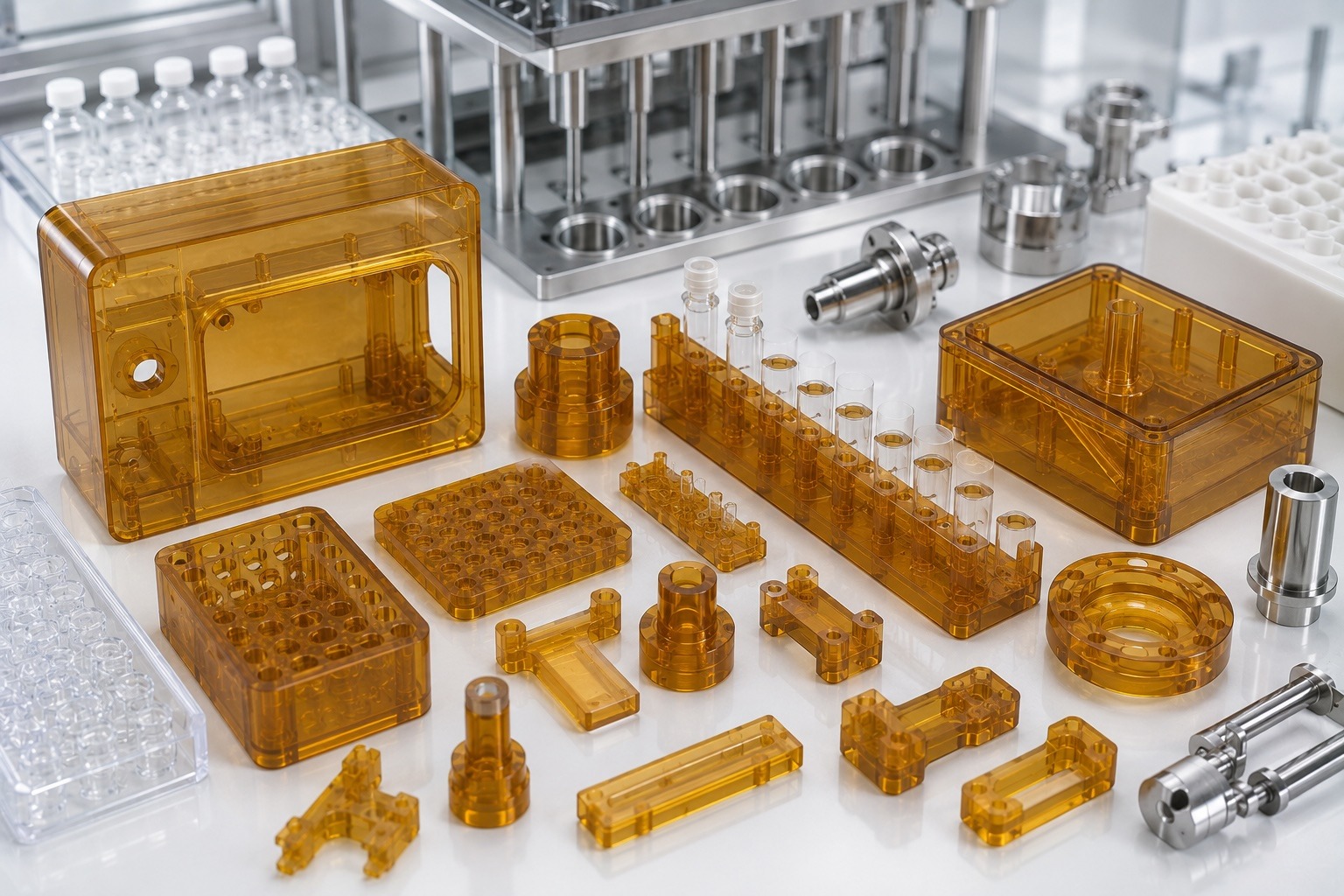 ULTEM life sciences components including lab automation fixtures diagnostic housings and sterilizable parts