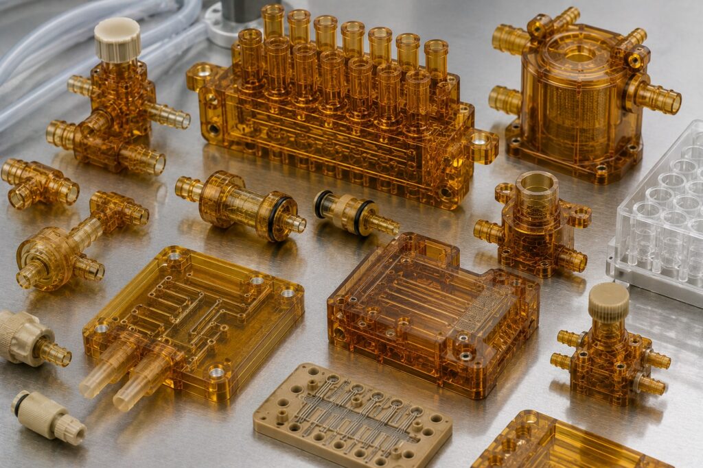 ULTEM medical and laboratory fluidics manifolds with sterilizable connectors and valve parts