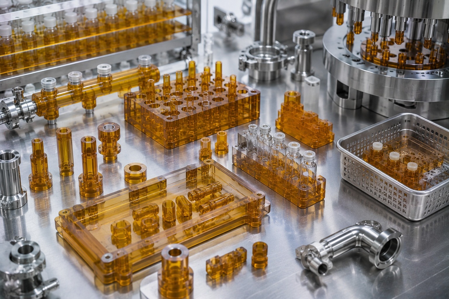 ultem-pharmaceutical-cleanroom-components ULTEM pharmaceutical components including cleanroom tooling sterilization trays and fixture parts