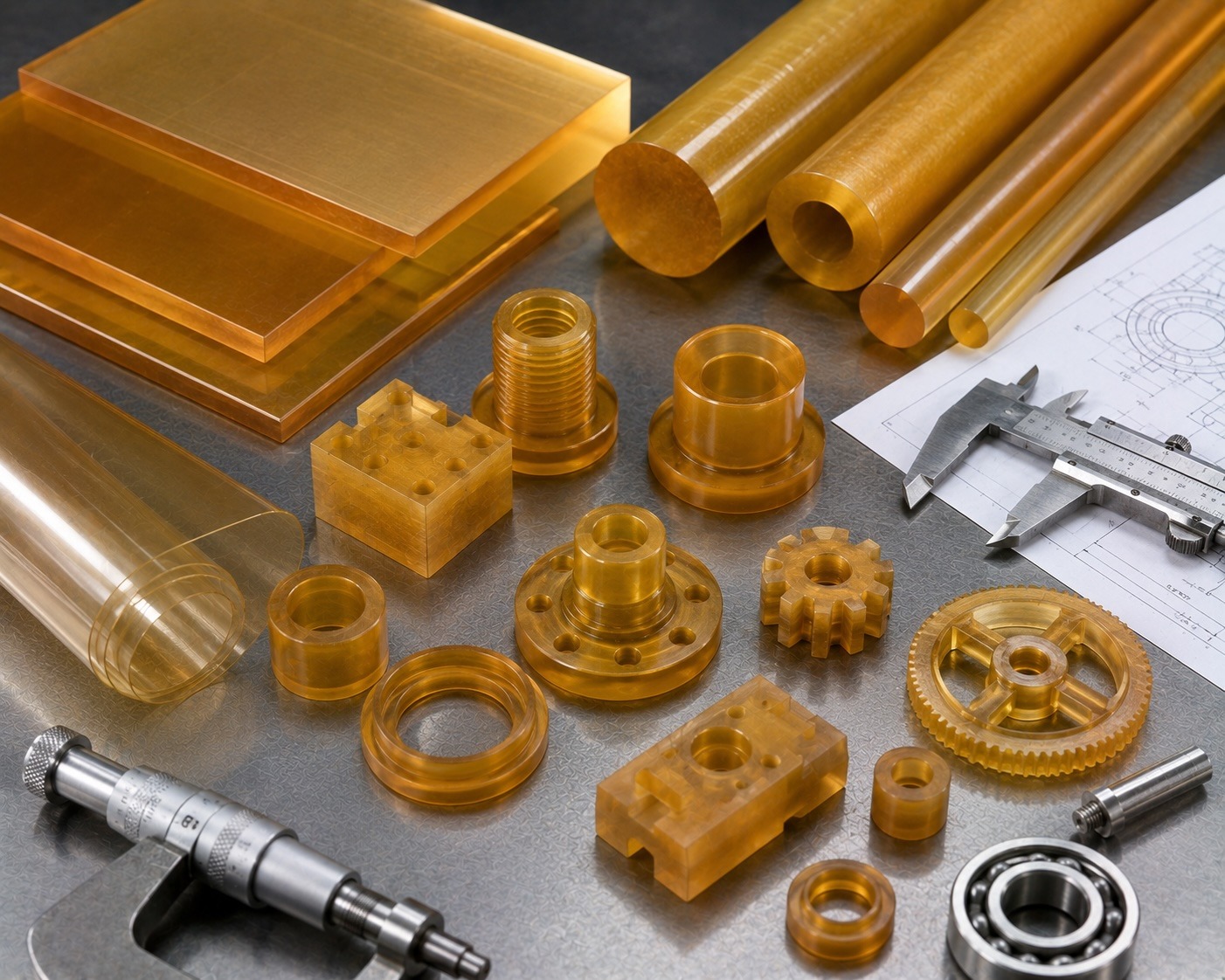 ultem-plastic-supplier-stock-shapes ULTEM plastic supplier stock shapes including amber PEI sheet rod tube and machined parts