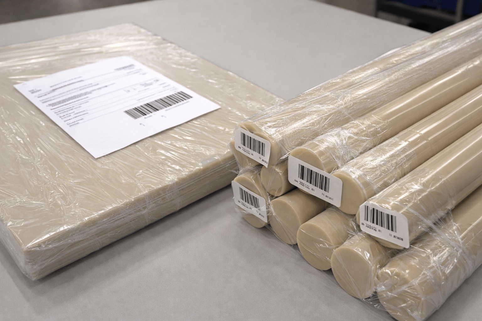 Valox plastic packaged sheet and rod formats staged with documentation for order traceability