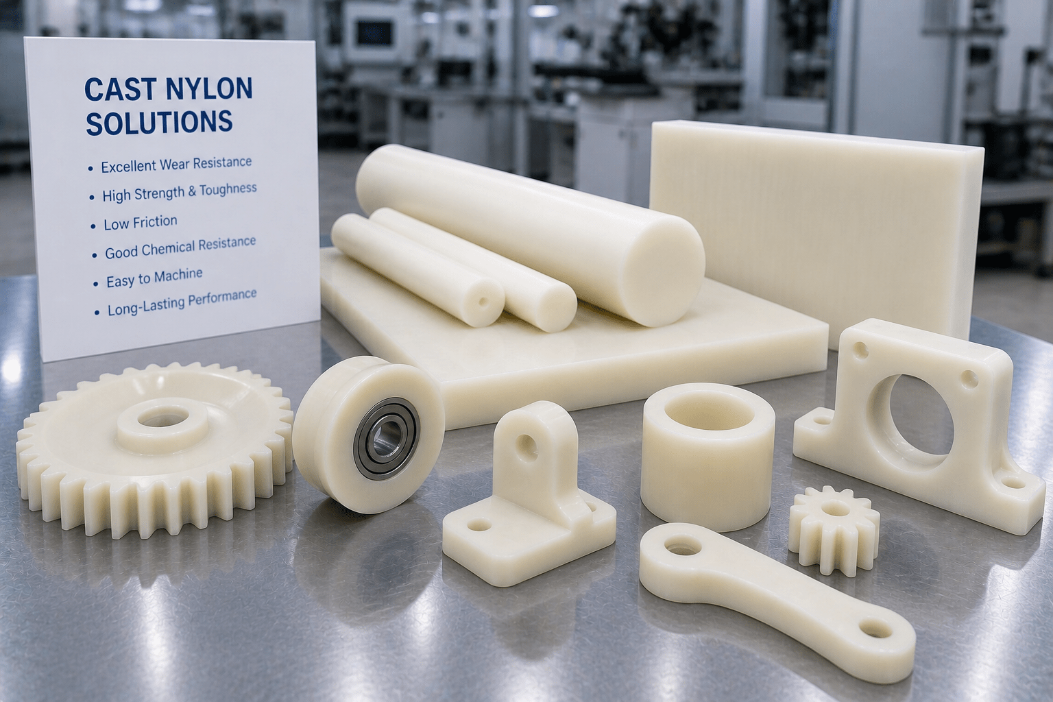 Cast nylon stock and machined nylon components for industrial applications